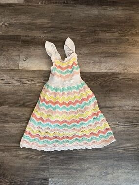 C&C California Girls White Crochet Sundress with Pastel Rainbow Stripes